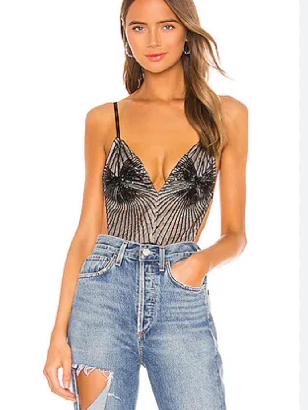 Superdown Lucinda Cut Out Bodysuit Midnight Black Small NWT Revolve Sequin  Tank - Picture 4 of 15